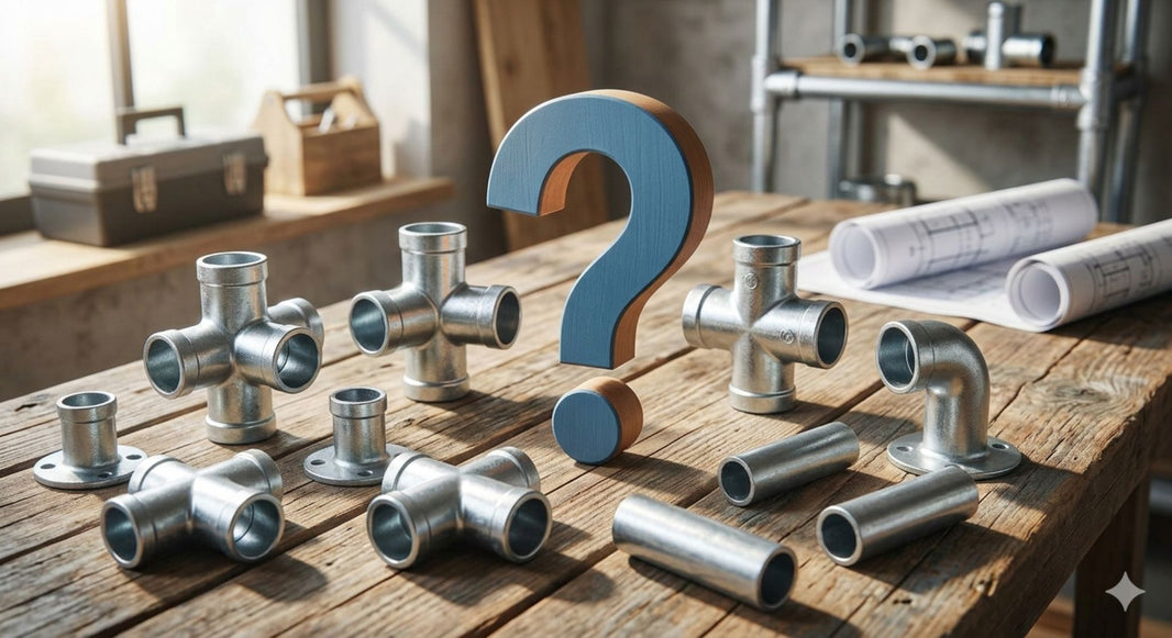 Ratgeber Rohrverbinder – Übersicht verschiedener Rohrverbinder, T-Stücke und Winkelstücke aus Metall mit Fragezeichen als Symbol für Beratung und Information