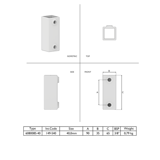 Technische Zeichnung Verlängerungsstück außen Vierkant galvanisiert mit Klemmschrauben für Metallkonstruktionen
