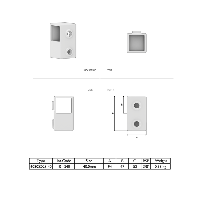 Technische Zeichnung kurzes T-Stück vierkant 40x40 mm