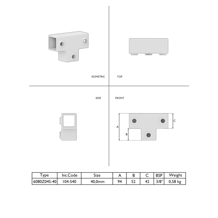 Technische Zeichnung langes T-Stück 40x40 mm vierkant