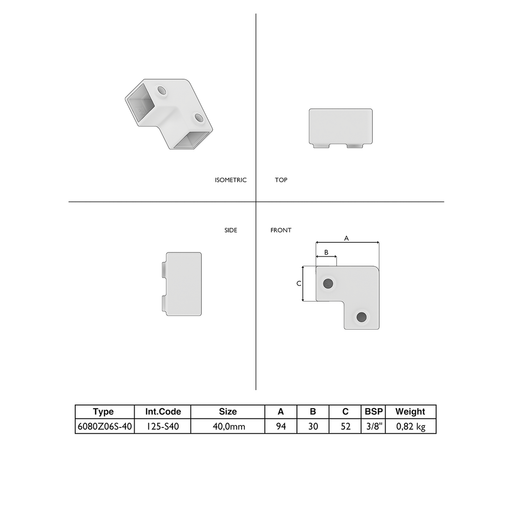 6080Z06S-40 Technische Zeichnung Rohrverbinder Bogen 90 Grad Vierkant