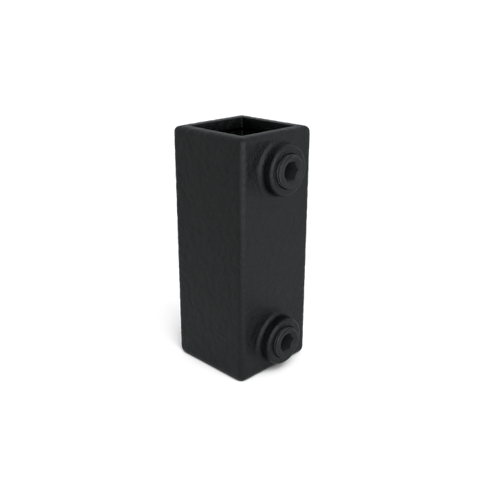 Schwarzer Vierkant-Rohrverbinder als Verlängerungsstück mit Befestigungsschrauben, schräge Seitenansicht