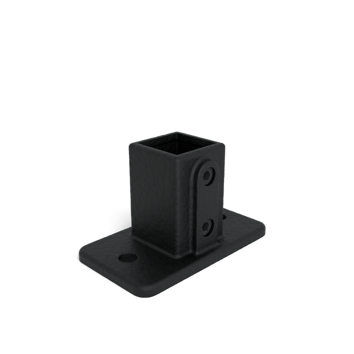 Montage-Fußplatte mit Vierkantrohraufnahme in Schwarz und zweifacher Verschraubung für stabile Konstruktionen