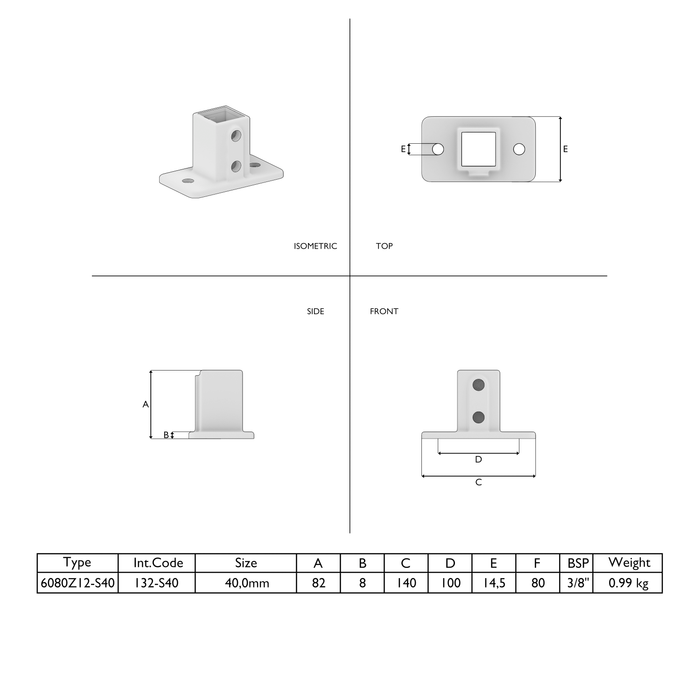 Technische Zeichnung zur der rechteckigen Fussplatte 40x40