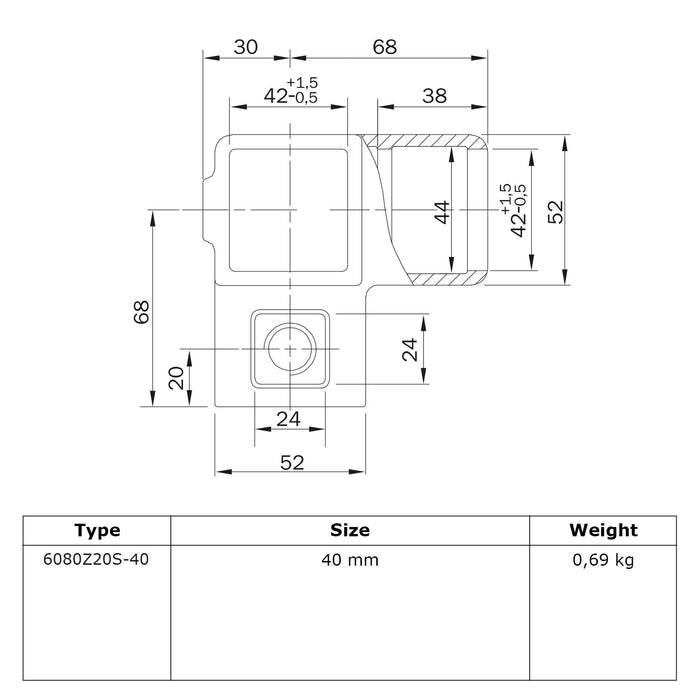 Zeichnung Rohrverbinder Eckstück 90° vierkant schwarz 40x40 mm