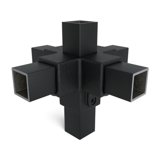 Kreuzstück Stutzrohr Vierkant in Schwarz zur stabilen Verbindung von vier Vierkantrohren, Perspektivansicht