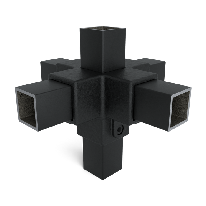Kreuzstück Stutzrohr Vierkant in Schwarz zur stabilen Verbindung von vier Vierkantrohren, Perspektivansicht