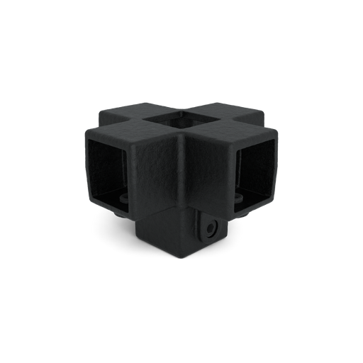 Schwarzer Vierkant-Kreuzverbinder mit Stutzrohr für belastbare Rohrkonstruktionen, schräge Ansicht
