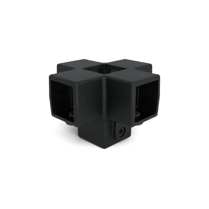 Schwarzer Vierkant-Kreuzverbinder mit Stutzrohr für belastbare Rohrkonstruktionen, schräge Ansicht