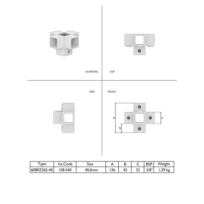 Technische Zeichnung des Vierkant-Kreuzstücks mit Stutzrohr in Schwarz inklusive Maßangaben