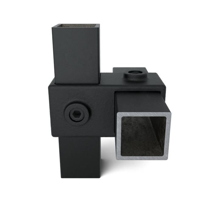 Quadratisches Kreuzstück schwarz für Rohrsysteme im rechten Winkel, Perspektivansicht