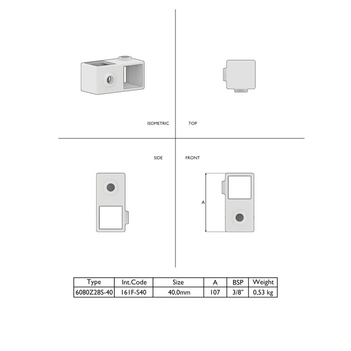 Technische Zeichnung des quadratischen 90-Grad-Kreuzstücks in Schwarz mit Maßangaben