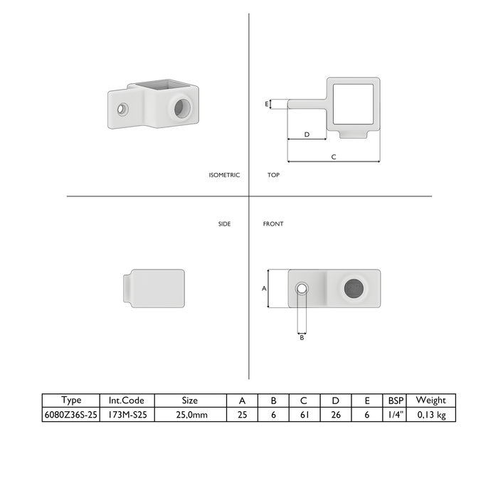 Technische Zeichnung zum Gelenkauge quadratisch 25x25 mm schwarz