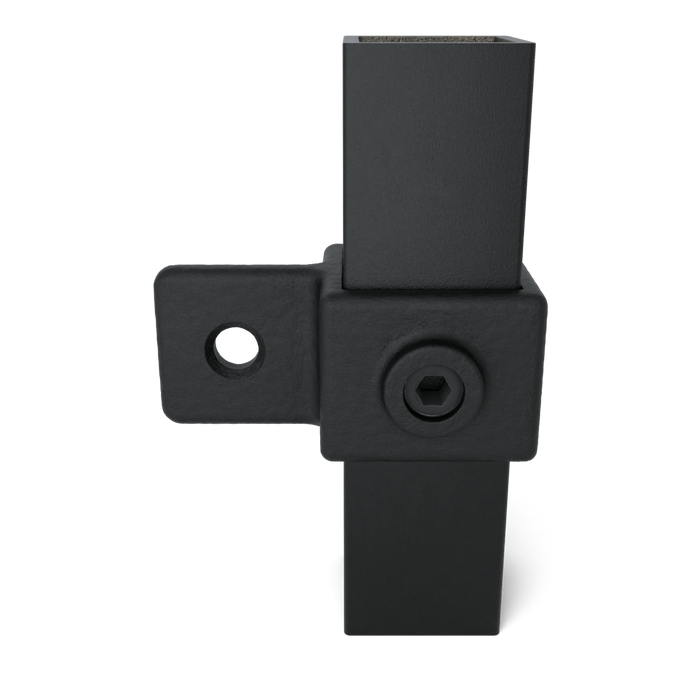 Kreuzstück Rohrverbinder schwarz für Vierkantrohre mit seitlicher Lasche und Schraubverbindung