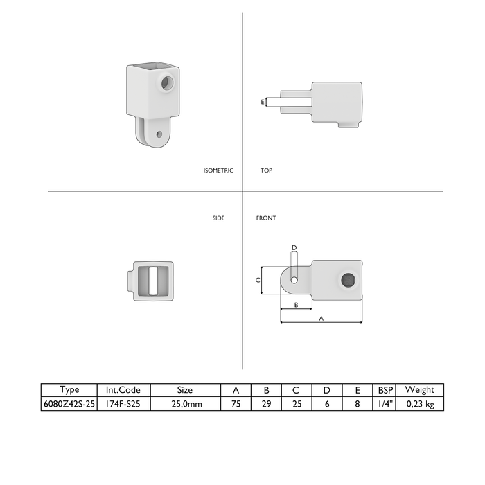 Technische Zeichnung Gelenkhalter quadratisch schwarz mit Maßangaben für präzise Planung und Montage.