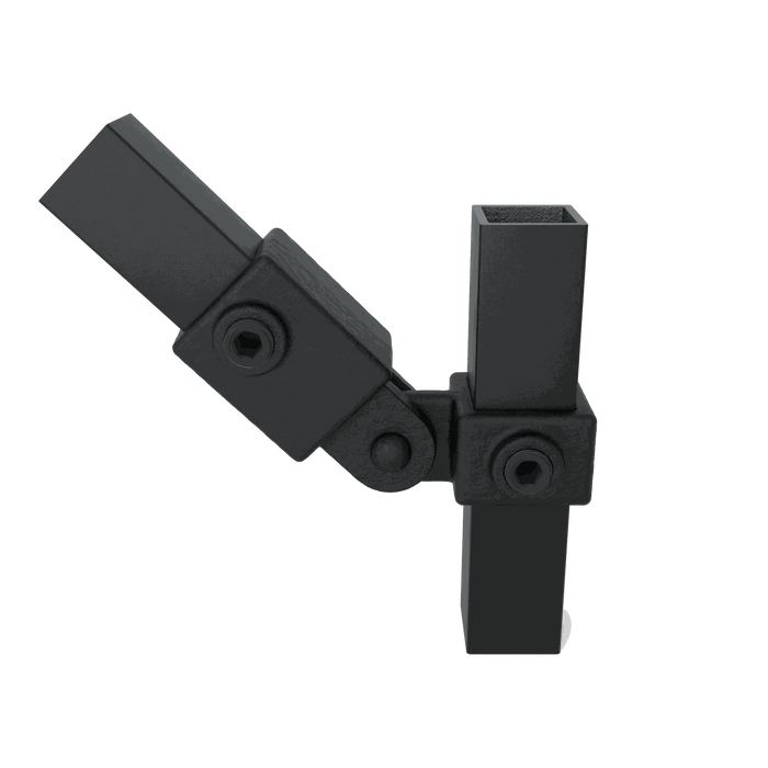 Gelenkverbinder quadratisch schwarz in angewinkelter Position zur stabilen Rohrmontage