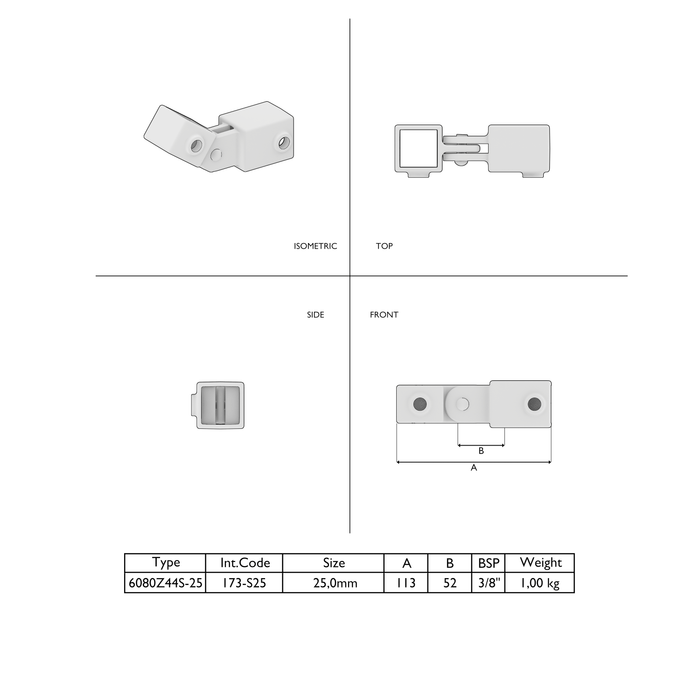 Technische Zeichnung Gelenkstück einfach quadratisch schwarz mit Maßangaben für präzise Montage.