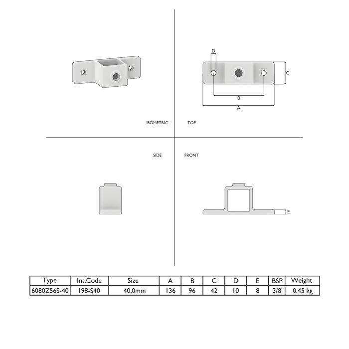 Technische Zeichnung Ösenteil mit Doppellasche vierkant 40x40 mm