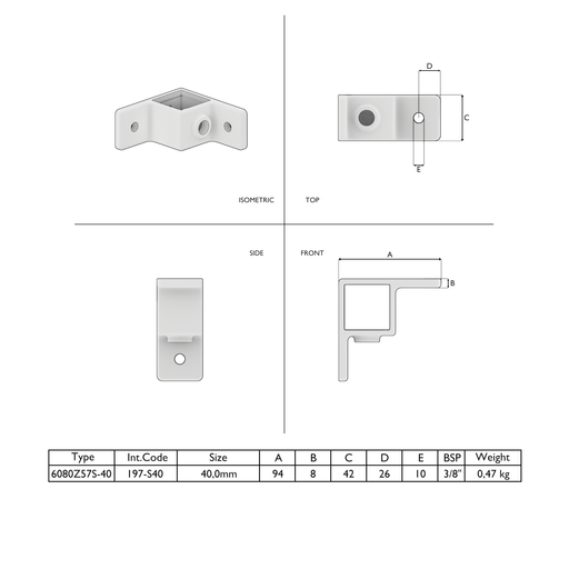 Technische Zeichnung Ösenteil mit Doppellasche 90º schwarz 40 mm quadratisch