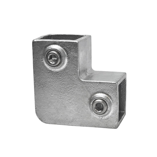 Verzinkter 90-Grad-Winkelverbinder für 40x40-mm-Vierkantrohre mit zwei Inbusschrauben zur sicheren Fixierung.