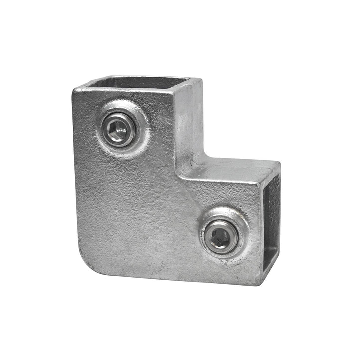 Verzinkter 90-Grad-Winkelverbinder für 40x40-mm-Vierkantrohre mit zwei Inbusschrauben zur sicheren Fixierung.