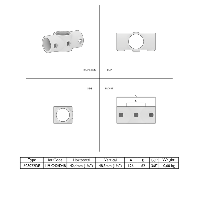 Technische Zeichnung des Kreuzstückes in einer Ebene Kombinationsmaß 48,3 & 42,4 mm