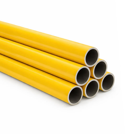 Stahlrohr Gelb STBY483 – gelb beschichtete Stahlrohre im Bündel mit sichtbaren Rohrenden