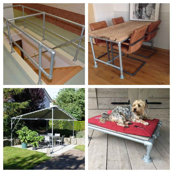 Hundebett, Treppengeländer und Pergola hergestellt mit unseren galvanisierten Rohren und Rohrverbinder