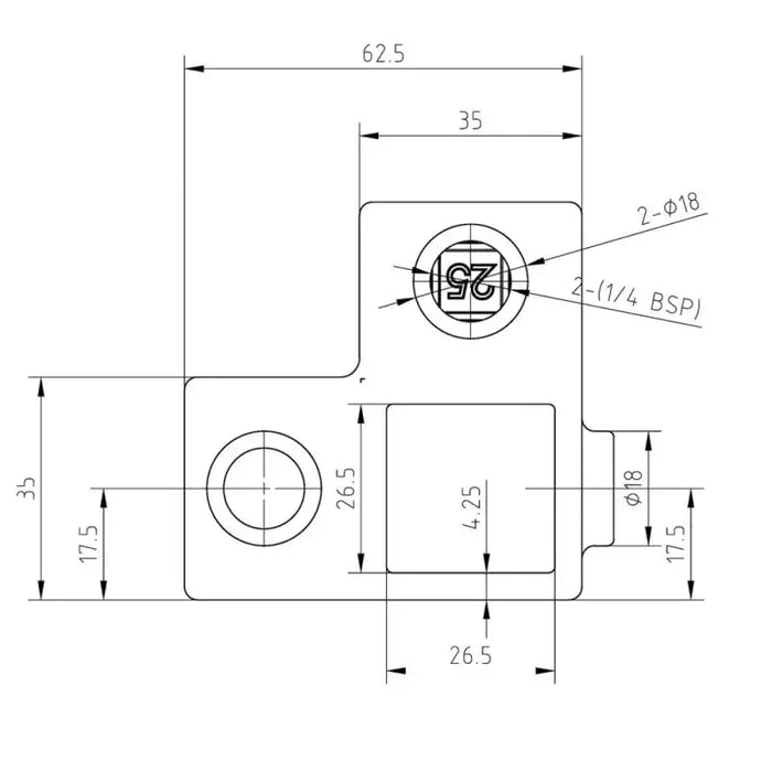 Zeichnung Rohrverbinder Eckstück 90° vierkant schwarz 25x25 mm