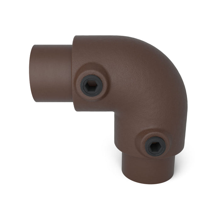 Rohrverbinder Bogen braun 90° – pulverbeschichtetes Stahlteil für Geländersysteme.