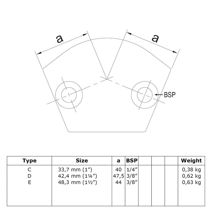 Zeichnung eines Rohrverbinders Bogen verstellbar 105°-165° Ø 48,3 mm, aus Stahl galvanisiert, ohne Rohr