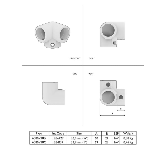 Technische Zeichnung Rohrverbinder Dreiweg-Eckstück 90° braun – Maße und Details.