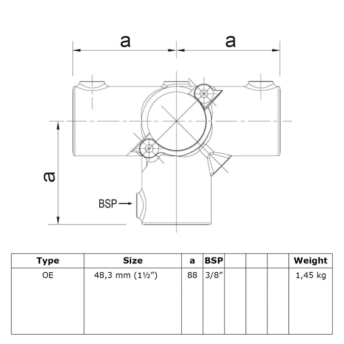 Zeichnung eines Rohrverbinders Offenes T-Stück, Seitenausgang, Stahl galvanisiert