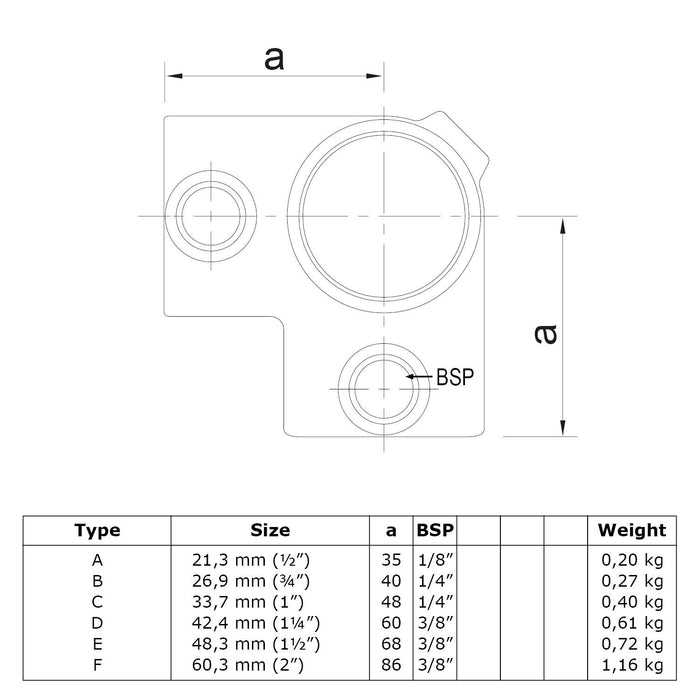 Zeichnung eines Rohrverbinders aus Stahl Eckstück,  durchgehend 