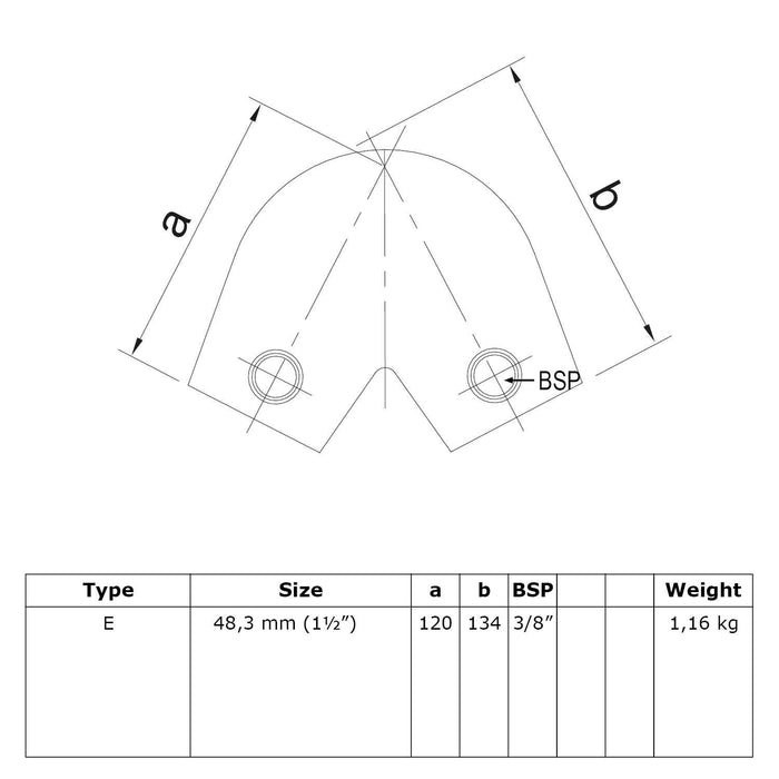 Zeichnung eines Rohrverbinders Eckverbinder 40° - 70° Ø 48,3 mm, aus Stahl galvanisiert, ohne Rohr