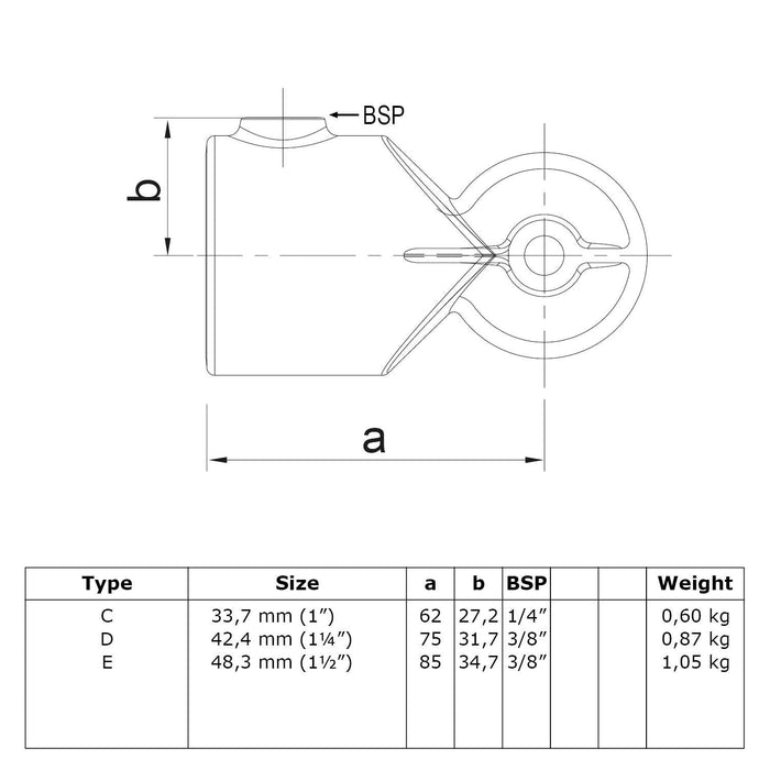 Zeichnung eines Rohrverbinders Eckverbinder variabel 75º-210º, aus Stahl galvanisiert, ohne Rohr