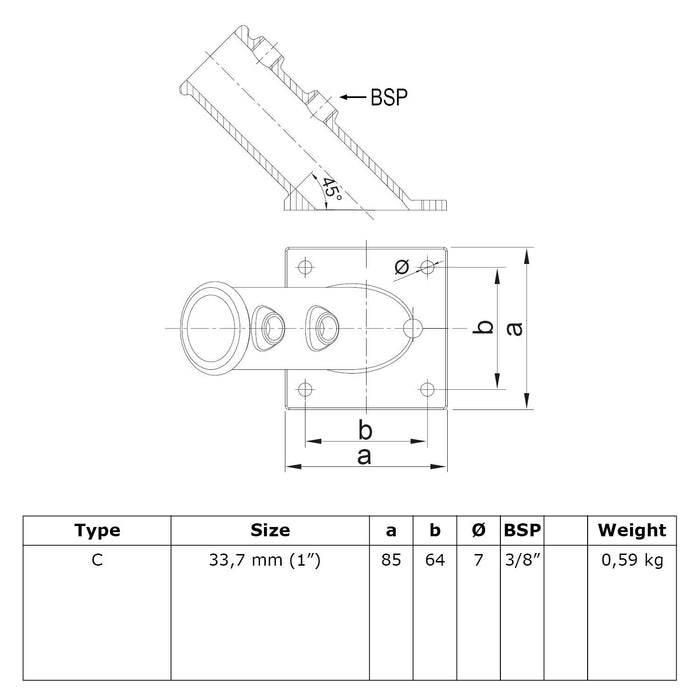 Zeichnung eines Rohrverbinders Fahnenstangenhalterung einfach, aus Stahl galvanisiert,  Ø 33,7 mm