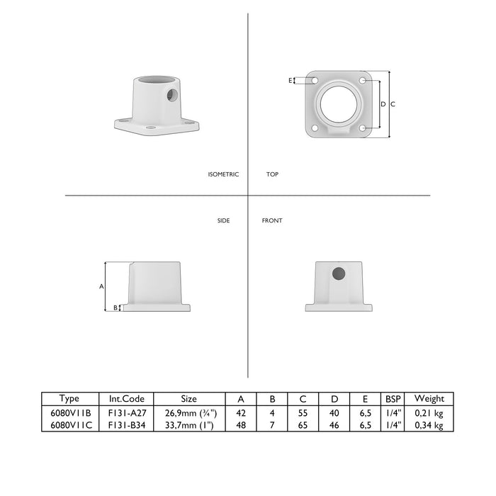 Technische Zeichnung Rohrverbinder Fußplatte quadratisch braun – Maße und Details.