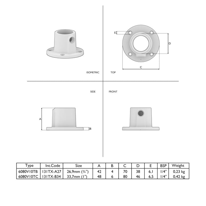 Technische Zeichnung Rohrverbinder Fußplatte rund braun – Maßangaben und Details.