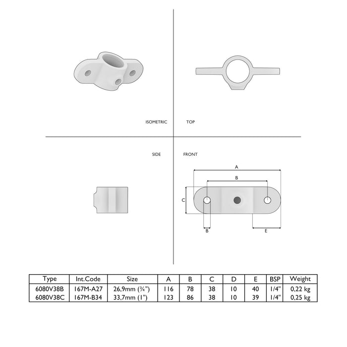 Technische Zeichnung Metall Gelenkauge doppelt 180° braun für Geländer- und Rohrkonstruktionen