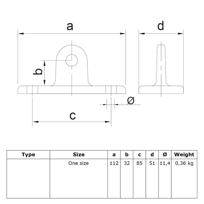 Zeichnung eines Rohrverbinders Gelenkfußhalter universal schwarz, aus Stahl mit Pulverbeschichtung, ohne Rohr