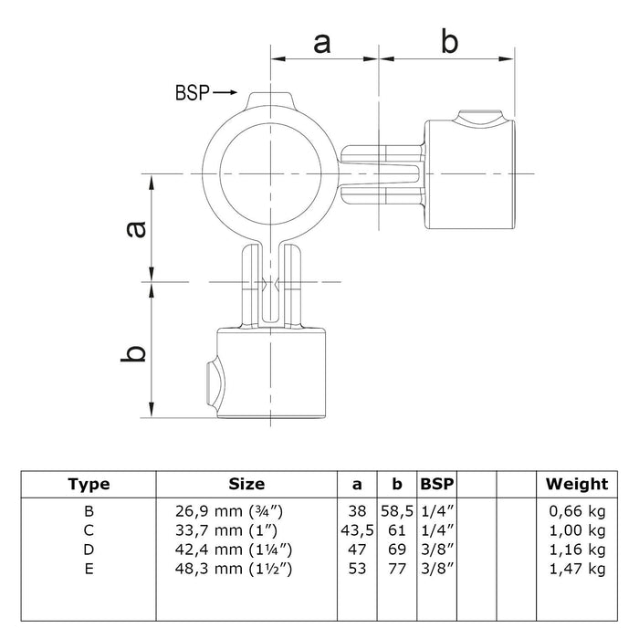 Zeichnung eines Rohrverbinders Gelenkstück doppelt, 90°, aus Stahl galvanisiert