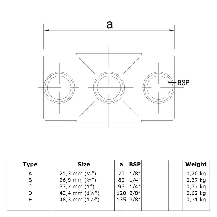 Zeichnung eines Rohrverbinders aus Stahl Schwarz Kreuzstück, durchgehend. ohne Rohr 