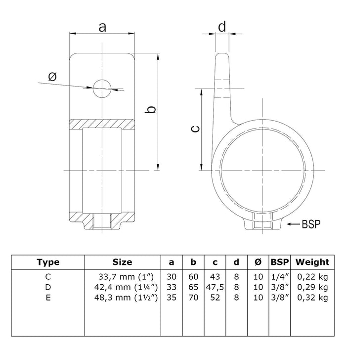 Zeichnung eines Rohrverbinders Osenteil schwarz, aus Stahl mit Pulverbeschichtung, ohne Rohr, 33,7 mm, 42,4 mm, 48,3 mm