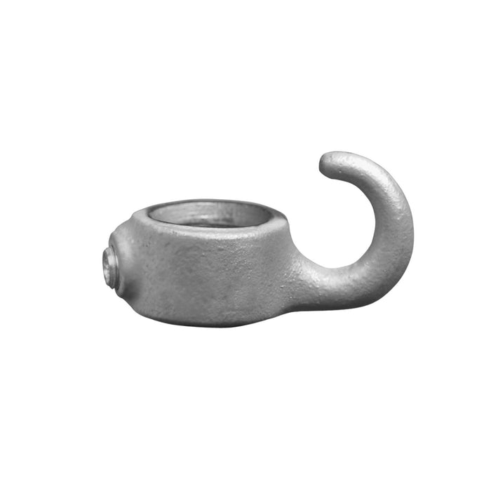 Seitliche Ansicht des galvanisiSeitliche Ansicht des galvanisierten Stellrings mit Haken – idealer Rohrverbinder für Garderoben, Kleiderstangen und Rohrmöbelerten Stellrings mit Haken – robuster Rohrverbinder für industrielle Anwendungen