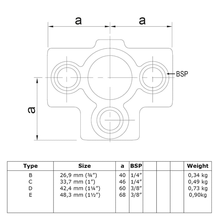 Zeichnung eines Rohrverbinders Dreiweg-T-Stück, aus Stahl mit Pulverbeschichtung, ohne Rohr 