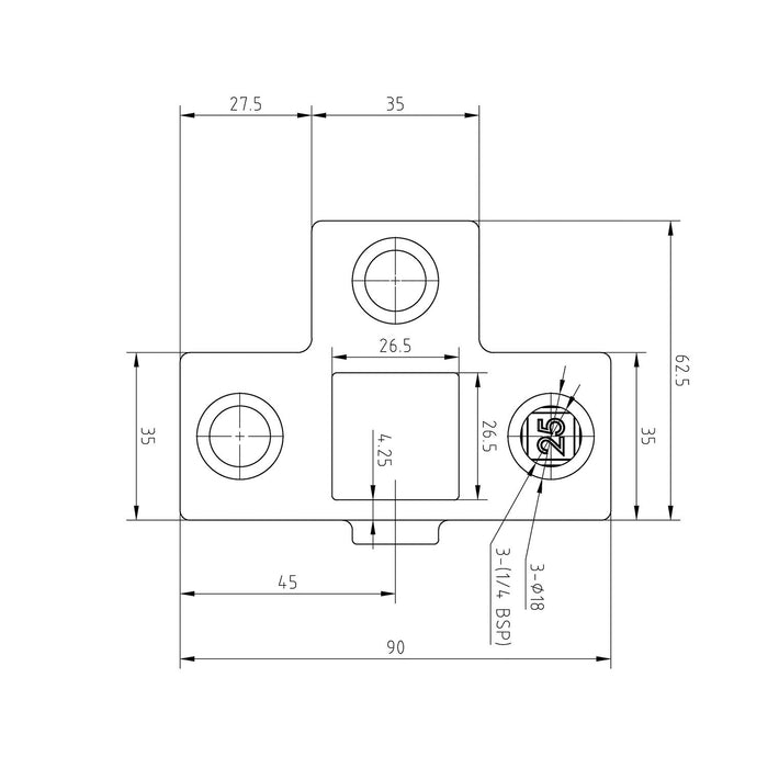 Zeichnung T-Stück Stützrohr Stahl vierkant 25x25