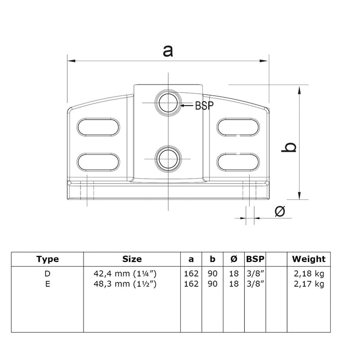 Zeichnung eines Rohrverbinders Trittrand-Fußplatte, aus Stahl galvanisiert, ohne Rohr