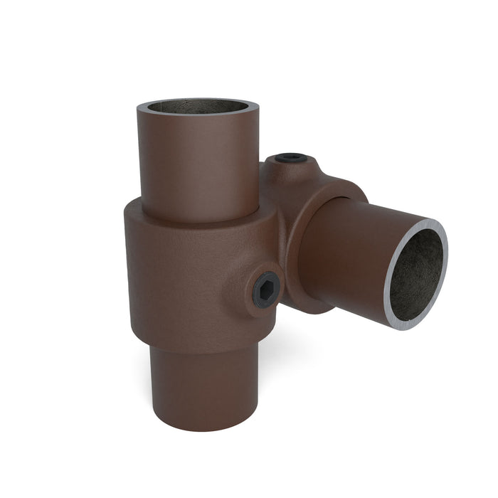 Rohrverbinder Überkreuz Vintage Frontansicht mit RohrRohrverbinder Überkreuz 90° braun – stabile Verbindung für Rundrohrkonstruktionen.