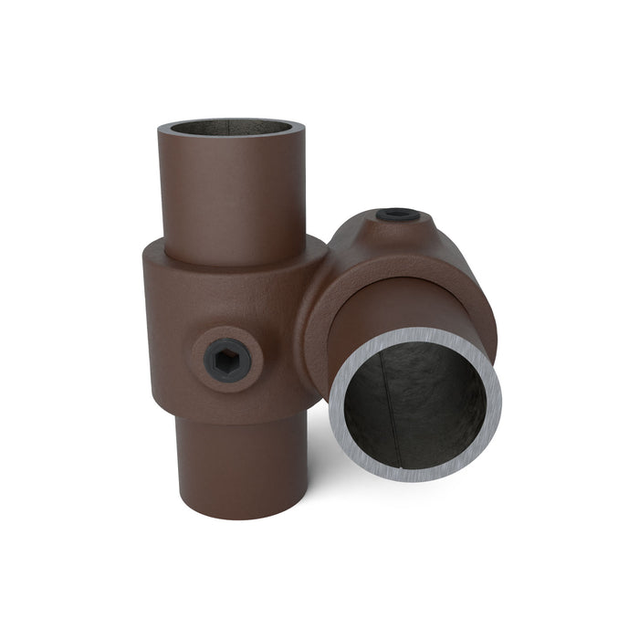 Rohrverbinder Überkreuz braun – pulverbeschichteter Stahlverbinder für Rundrohre.